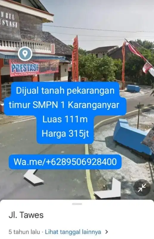 Dijual tanah pekarangan di timur SMPN 1 Karanganyar