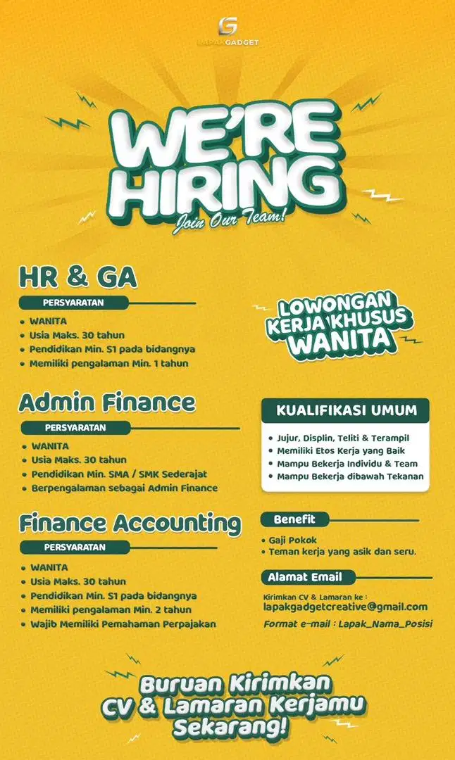 Lowongan Kerja Jakarta Admin Finance - Finance Accounting - HR GA