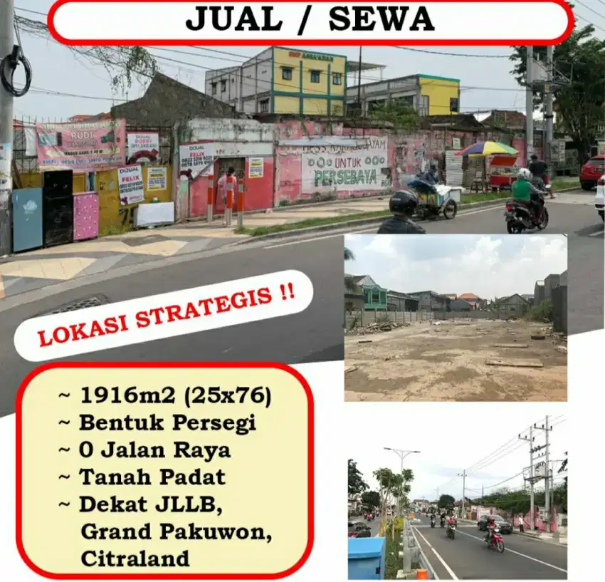 JUAL/SEWA TANAH 25x76m PADAT 0 JALAN RAYA UTAMA