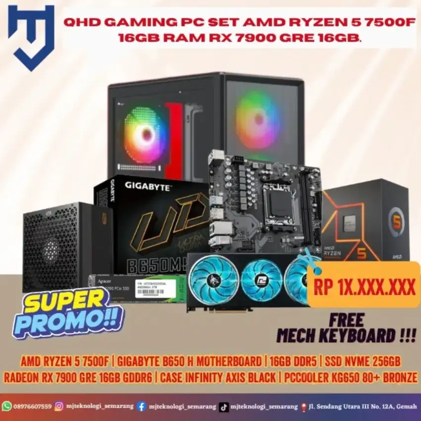 QHD Gaming PC Set AMD Ryzen 5 7500F 16GB RAM RX 7900 GRE 16GB.