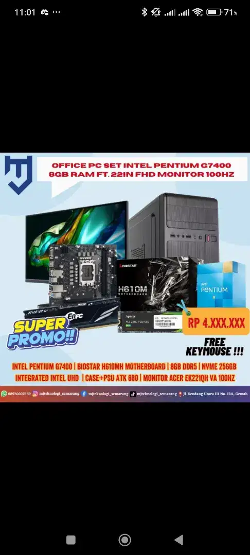 Office PC Set Intel Pentium G7400 8GB RAM Ft. 22In FHD Monitor 100Hz