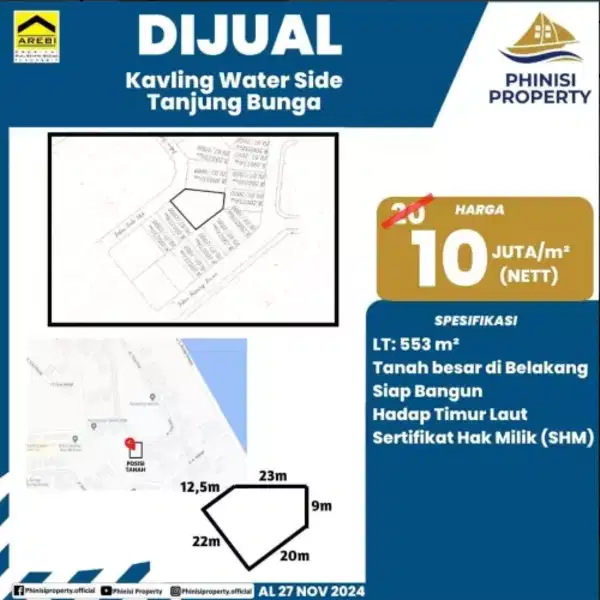 KAVLING WATER SIDE TANJUNG BUNGA DIJUAL PERMETER 10 JUTA SAJA