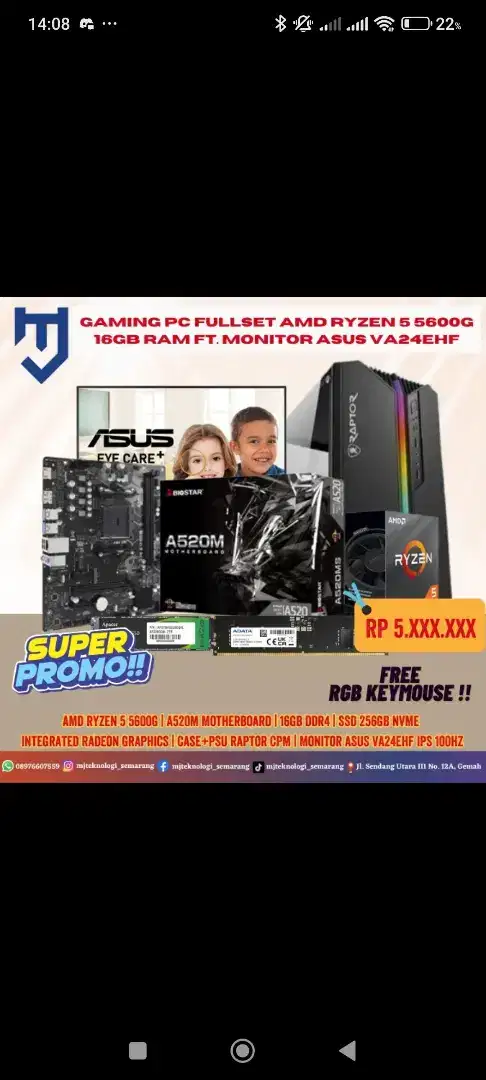 Gaming PC FullSet AMD Ryzen 5 5600G 16GB RAM ft. Monitor ASUS VA24EHF