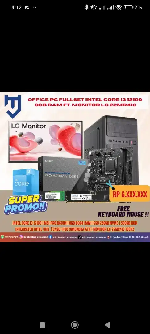 Office PC Fullset Intel Core I3 12100 8GB RAM ft. Monitor LG 22MR410