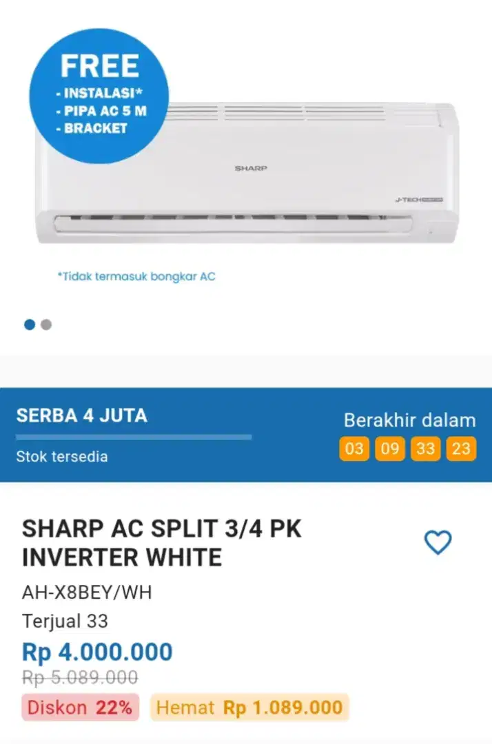 Sharp AC Split 3/4 PK INVERTER WHITE (AH-X8BEY/WH)