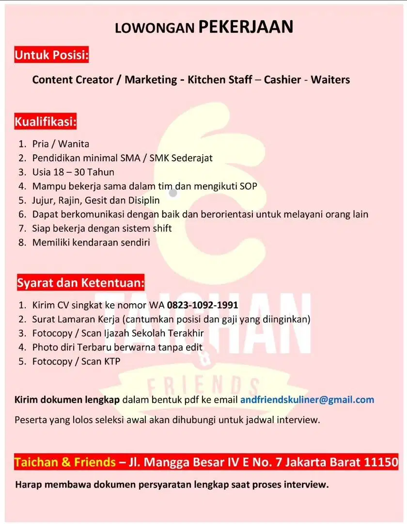 Lowongan Waiter Helper Kitchen Staff Kasir