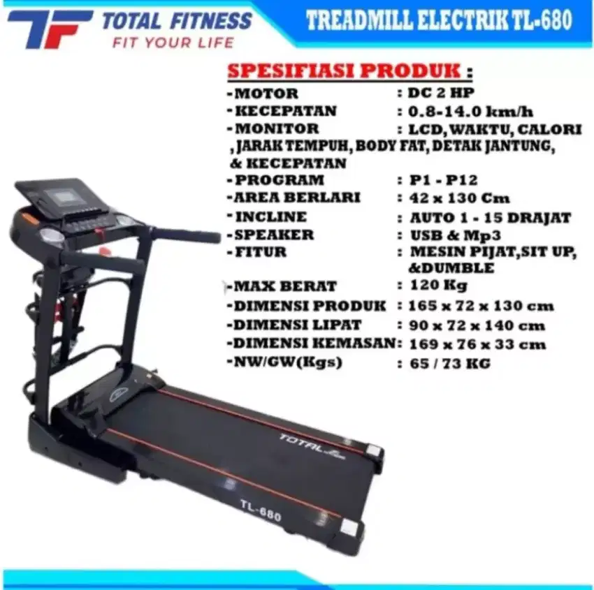 TREADMILL  ELECTRIC 2 HP + MASS (Auto Incline) TL-680