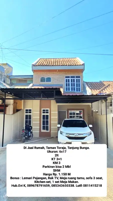 Di Jual Rumah Minimalis 2 lt, Taman Toraja, Tanjung bunga.