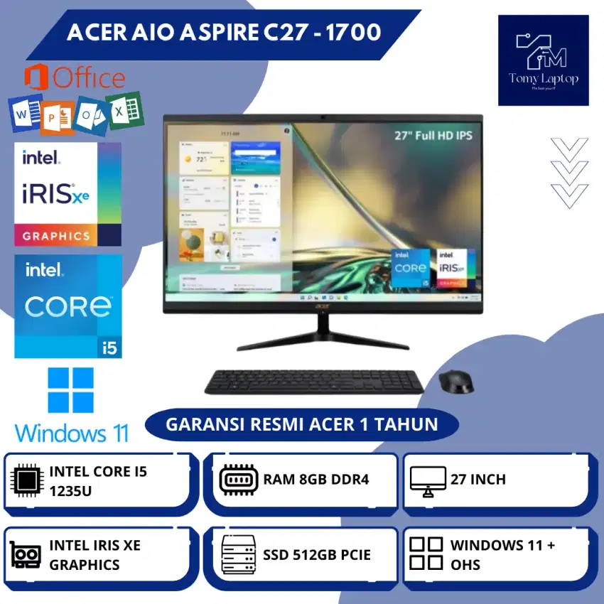 ACER AIO ASPIRE C27 - 1700 INTEL CORE I5-1235U RAM 8GB SSD512GB 27INCH