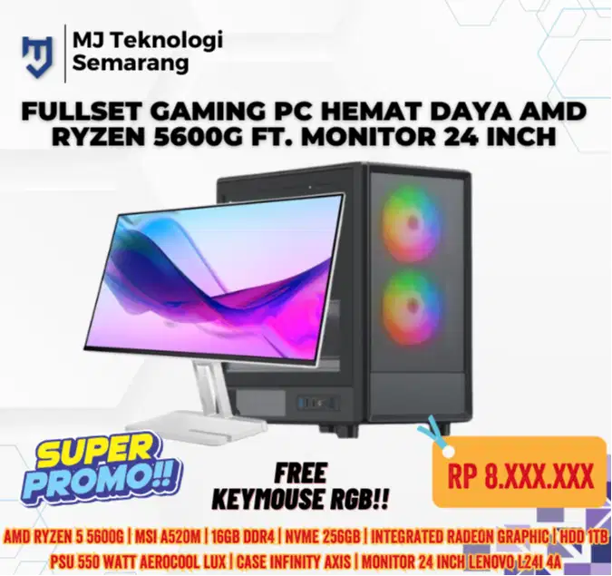 Fullset Gaming PC Hemat Daya AMD Ryzen 5600G ft. Monitor 24inch