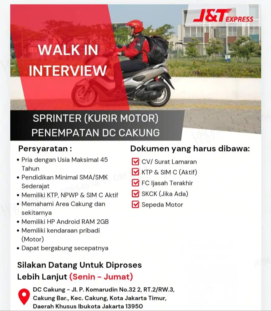 Lowongan kerja KURIR DELIVERY J&T Express DC CAKUNG