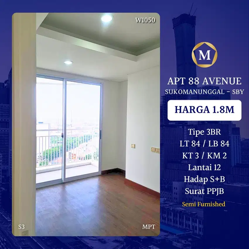 Apartemen 88 Avenue 3BR Darmo Permai Sukomanunggal Surabaya Barat