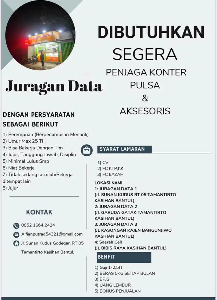 Lowongan Konter Aksesoris, Vocer internet, Hp