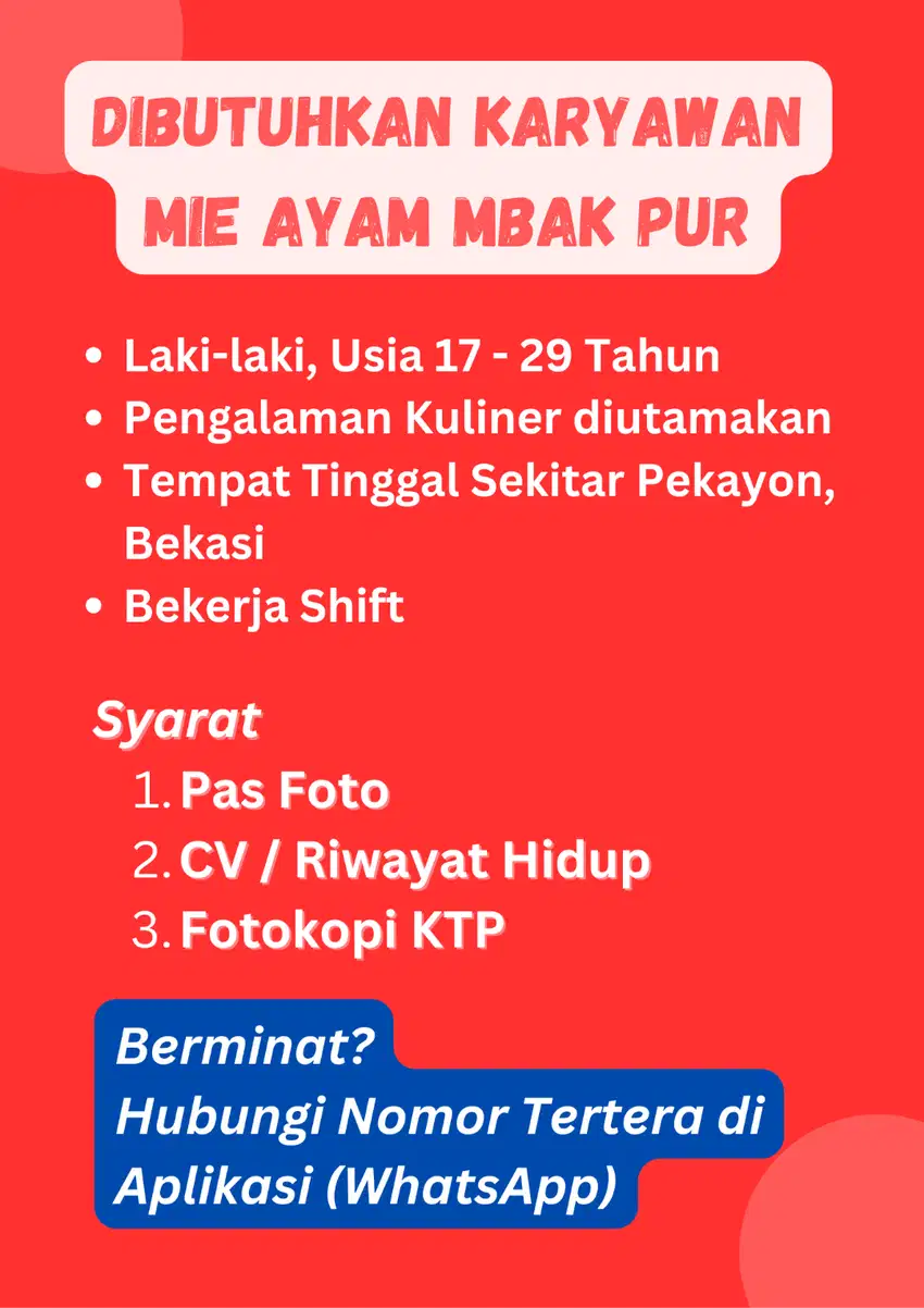 Loker / Lowongan Kerja Karyawan Mie Ayam Mbak Pur cabang Pekayon