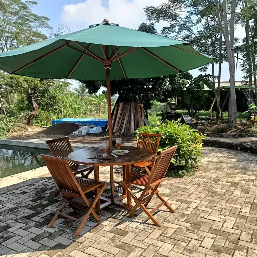 meja makan outdoor,bangku lipat,payung jati,kursi cafe