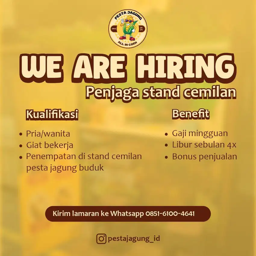 Dicari karyawan penjaga stand camilan jagung