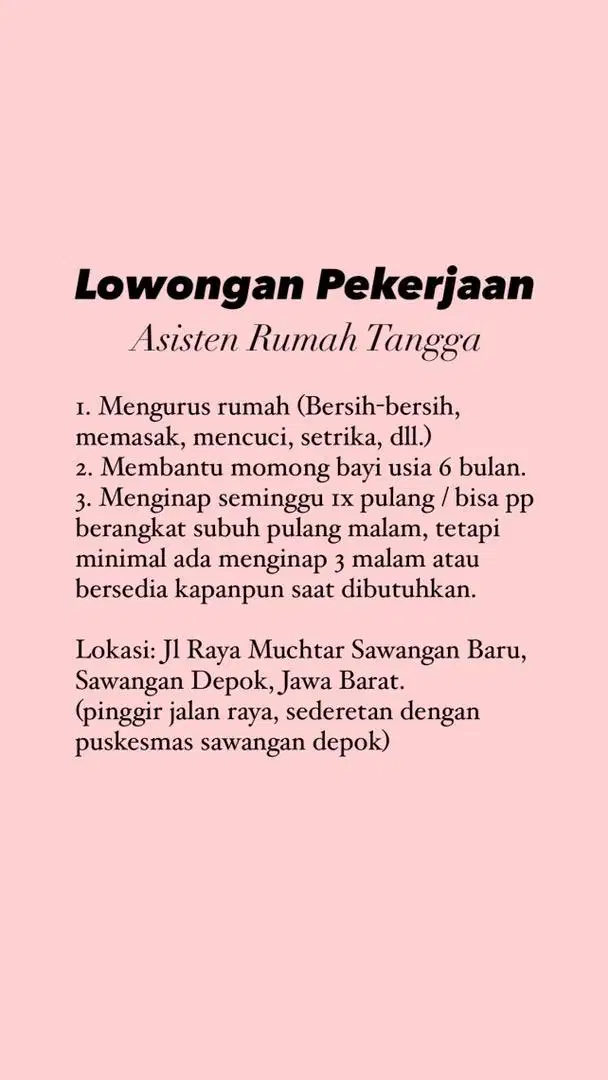 Lowongan Pekerja  ART Serabutan + Momong