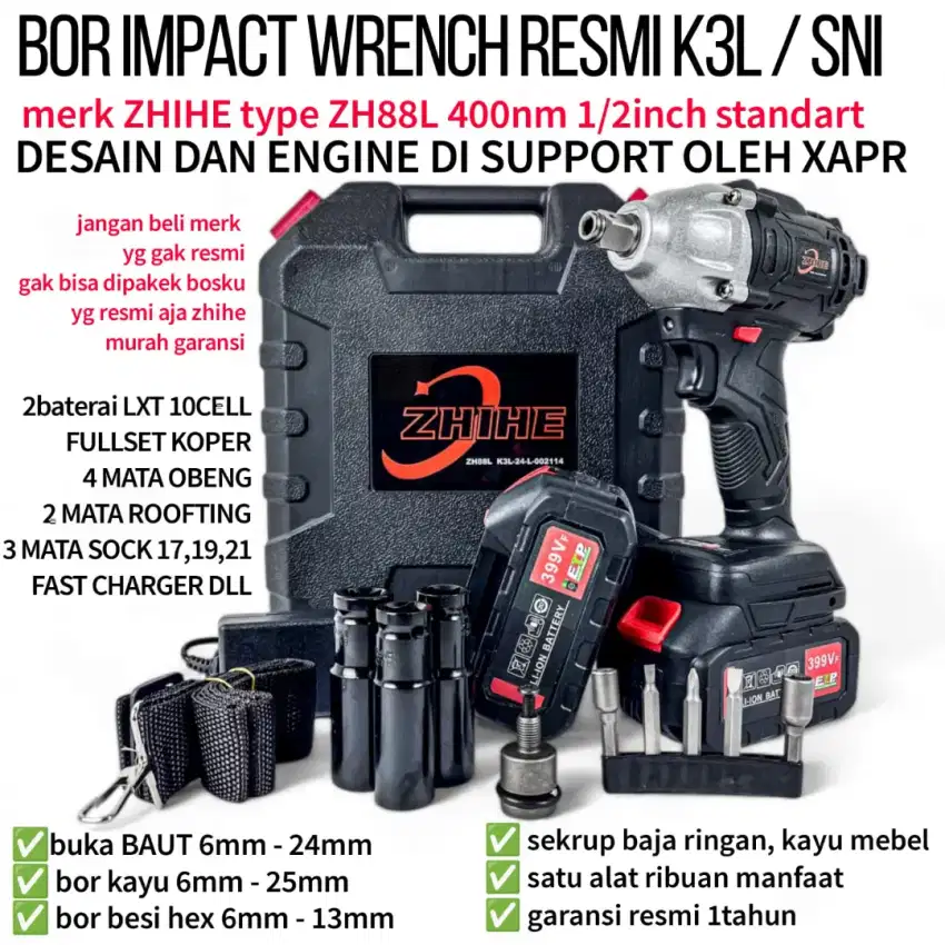 Bor Impact wrench zhihe 2baterai fullset koper 10cell lxt ZH88L desain