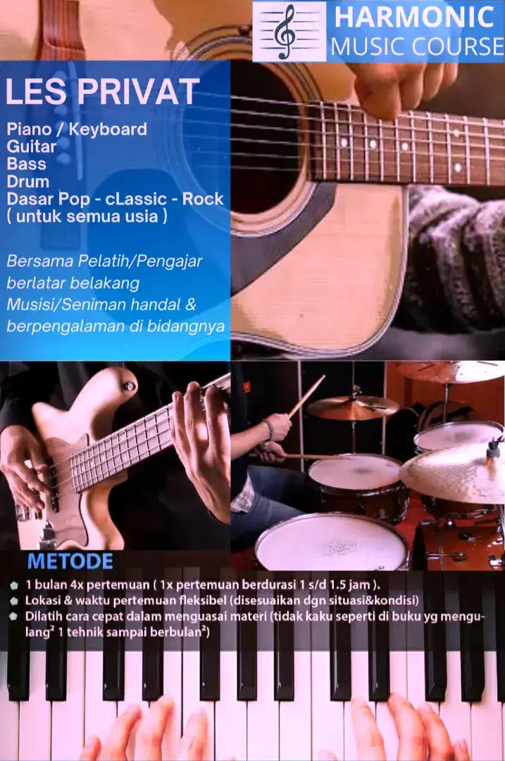 Les private Piano/Gitar/Keyboard/Drum/Guitar Kursus musik guru kerumah