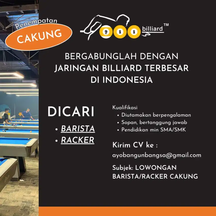 Lowongan kerja Barista dan Racker/Wasit Billiard cabang Cakung