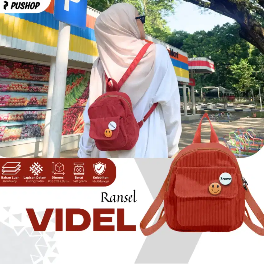 PUSHOP Tas Ransel Pria Wanita Corduroy VIDEL