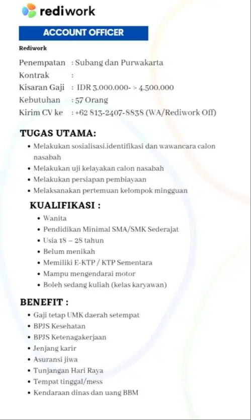 LOWONGAN KERJA WANITA, TANPA ADM! ACCOUNT OFFICER SUBANG-PURWAKARTA