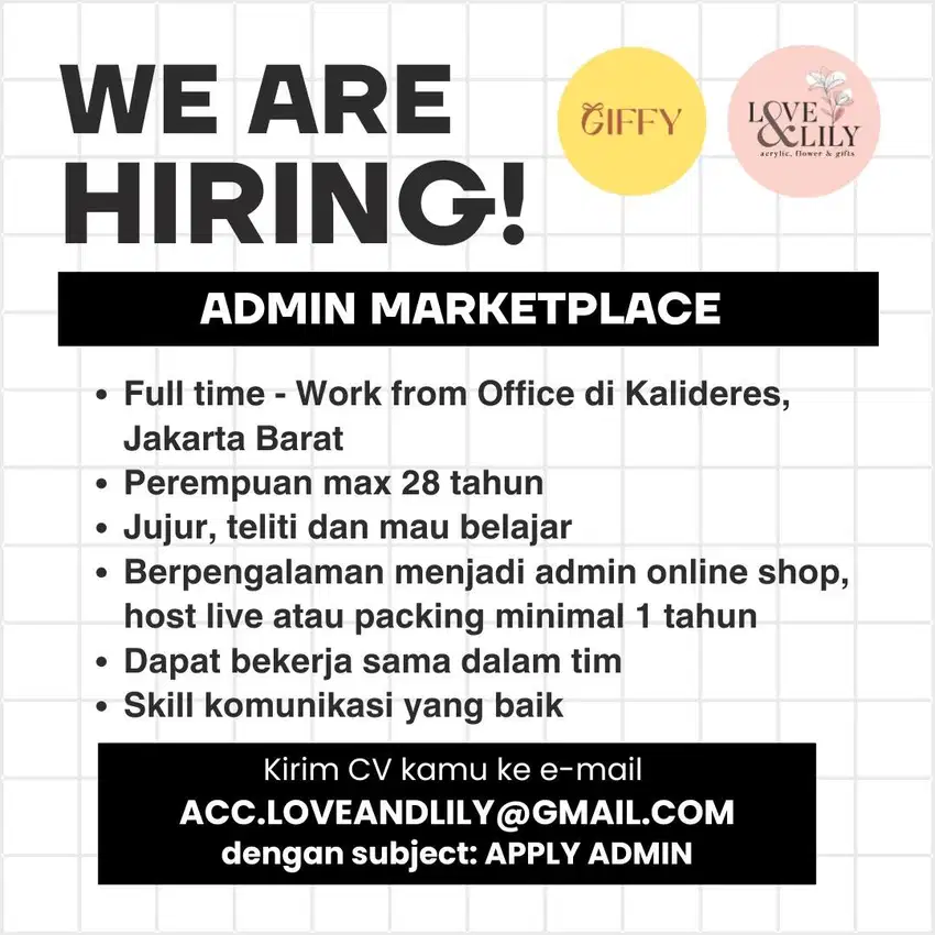 DICARI ADMIN ONLINE SHOP CUSTOMER SERVICE OLSHOP CS JAKARTA BARAT