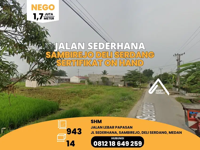 Tanah Pinggir Jalan Deli Serdang Jalan Sederhana Sertifikat Hak Milik