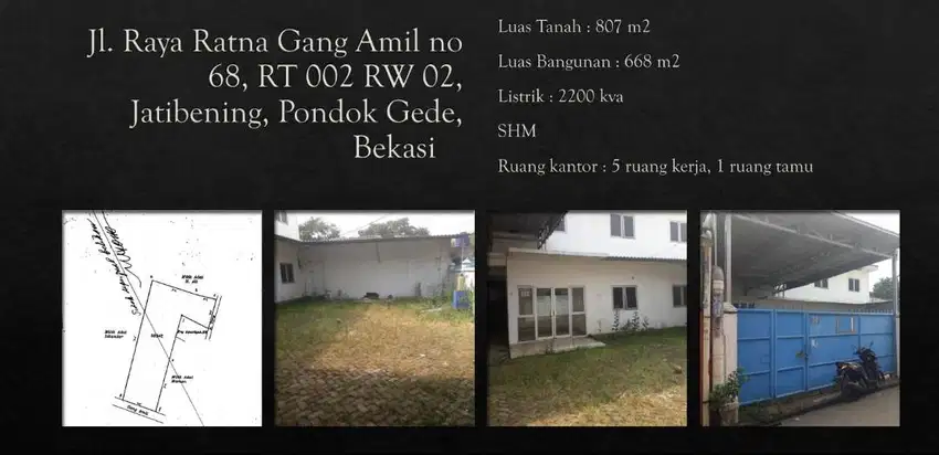 DIJUAL / DISEWAKAN BANGUNAN KANTOR PLUS GUDANG LOKASI JATIBENING