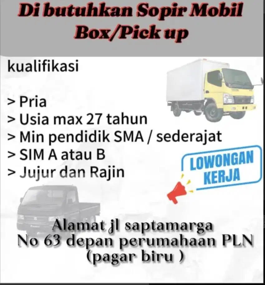 Dibutuhkan sopir box/pick up