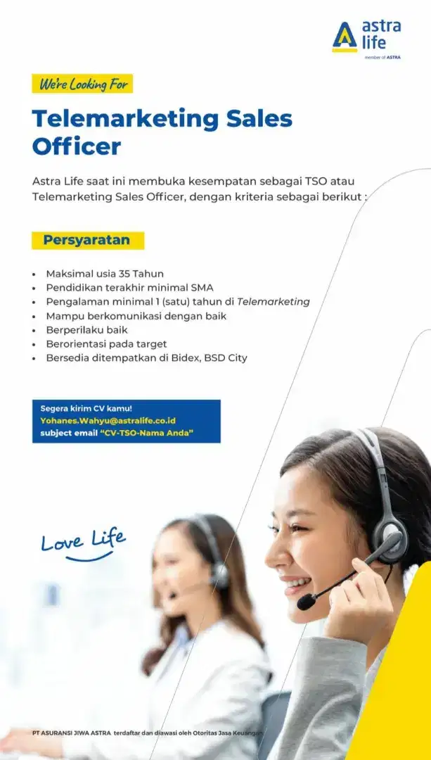 Dibutuhkan Telemarketing Asuransi