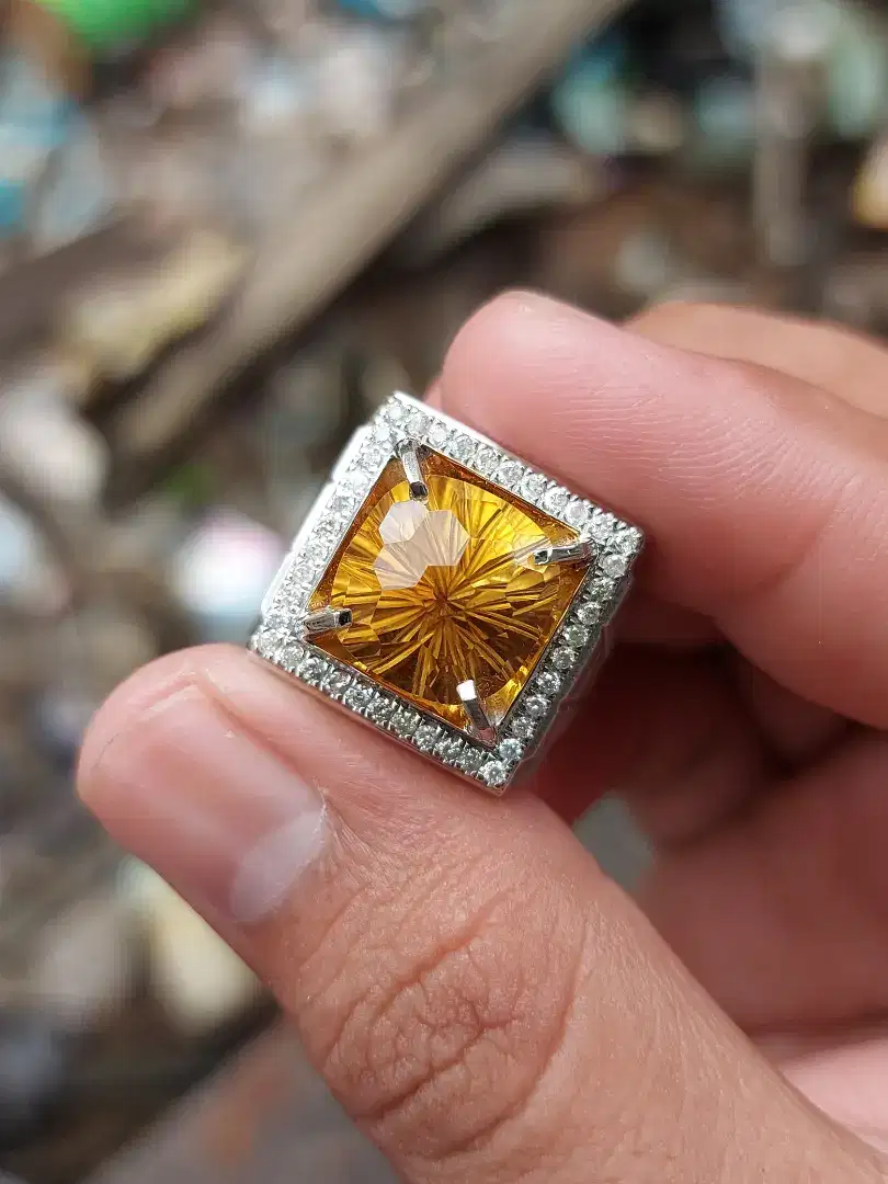 Cincin Batu Citrine Keliling Berlian Ring Perak