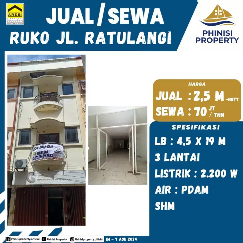 DIJUAL RUKO MURAH LOKASI STRATEGIS JALAN DR. RATULANGI MASUK KOMPLEKS