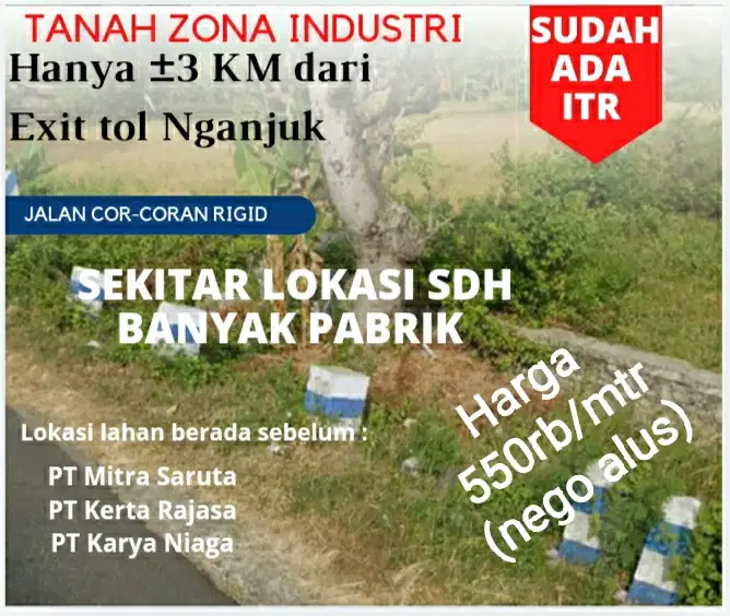 Tanah Plot Industri, 3 KM dari exit tol Nganjuk, hrga super murah