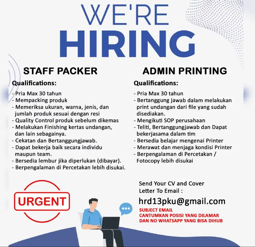 LOWONGAN KERJA ADMIN PRINTING & STAFF PACKER