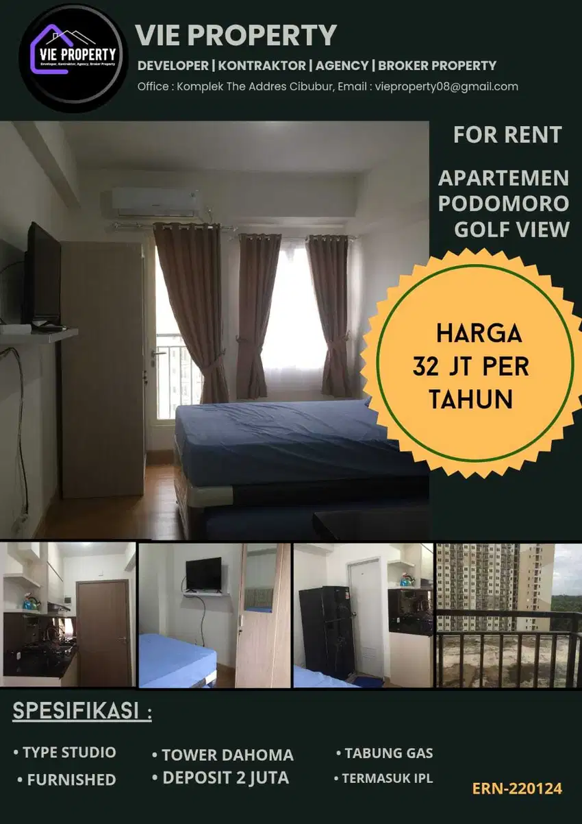 Disewakan murah studio apartemen 2 Kamar Tidur Podomoro Golf View.