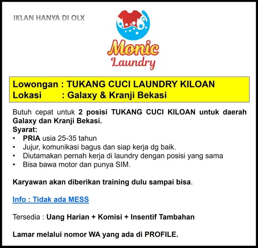 Butuh cepat KARYAWAN LAUNDRY PRIA bagian Cuci Kiloan