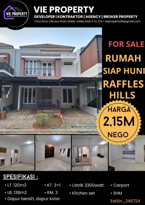 MURAH DIBAWAH PASARAN! DIJUAL RUMAH SIAP HUNI DI RAFFLES HILLS CIBUBUR