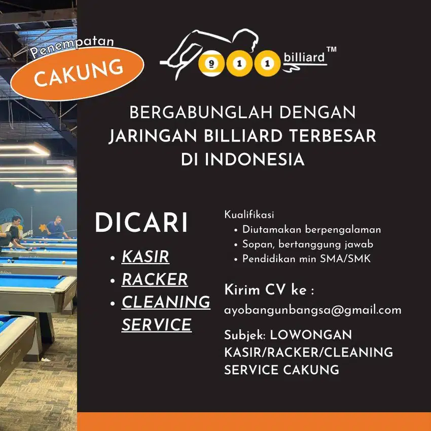 Lowker KASIR, RACKER(wasit) dan CLEANING SERVICE billiard Cakung