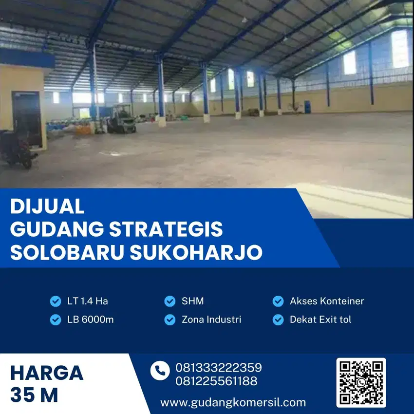 Dijual Gudang Zona Industri 1,4 Ha,Lokasi Solo Baru