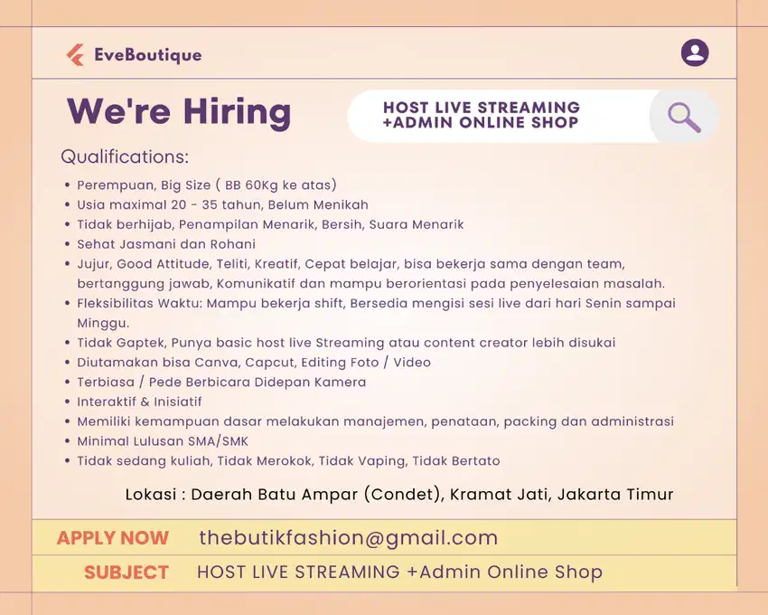 Lowongan Host Live Streaming dan Admin Online Shop