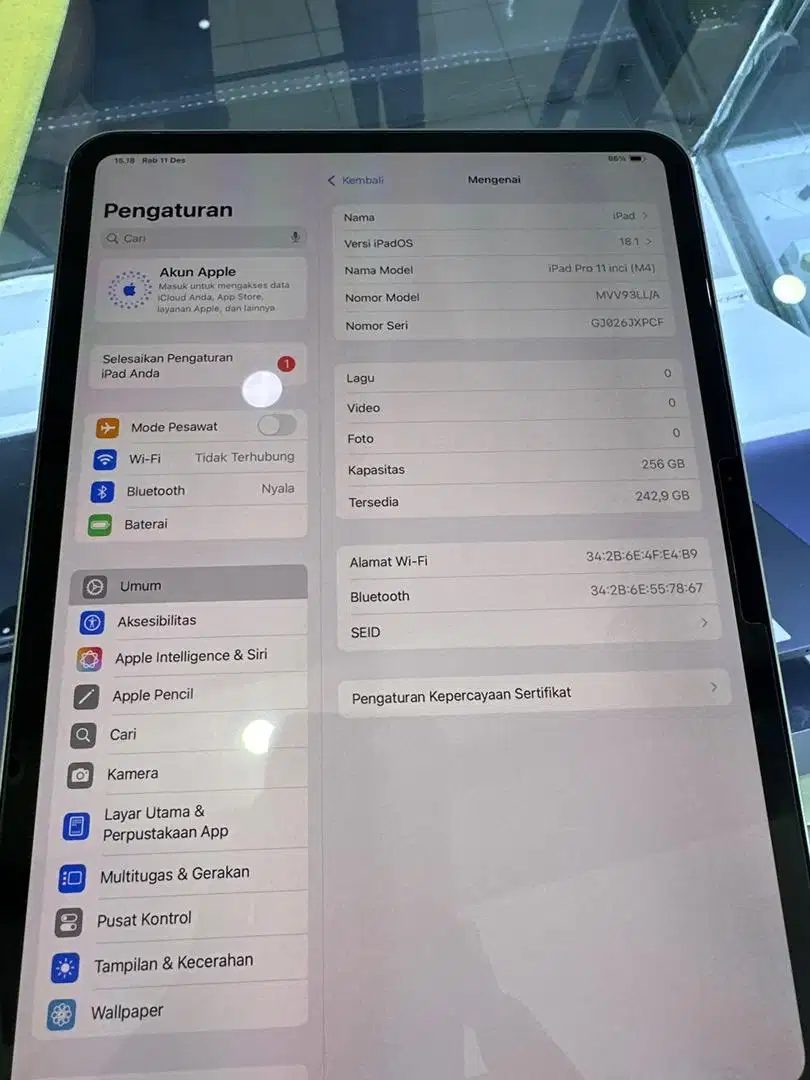 Ipad Pro M4 11inch 256GB Wifi Silver inter like new garansi panjang