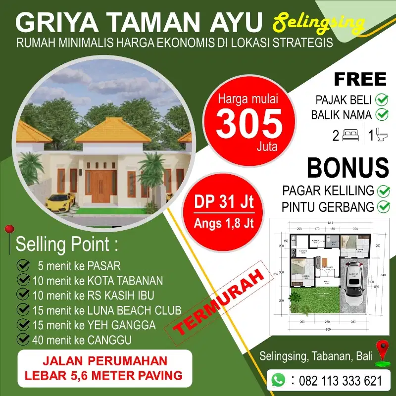 DIJUAL rumah baru cicilan 1,8 juta/bulan dekat ke CANGGU