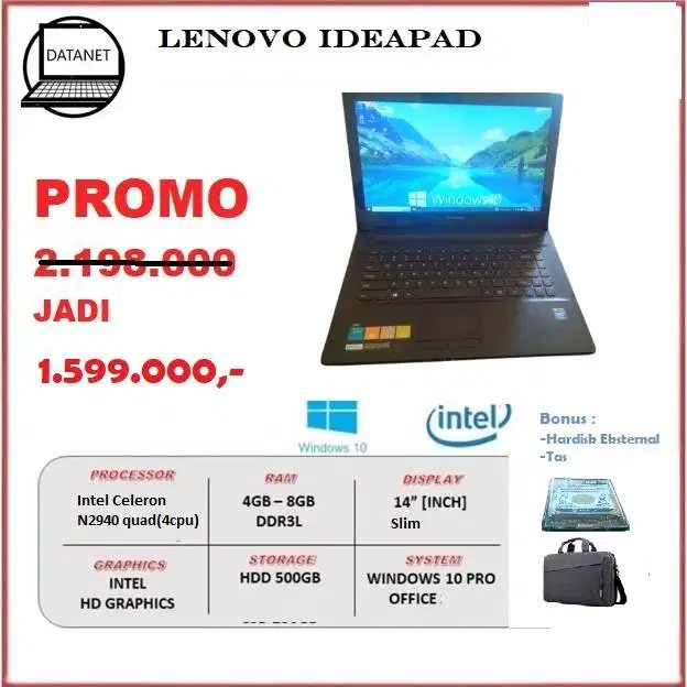 Laptop Lenovo Ideapad G40-30/DDR 8 gb/HDD500gb,  siap pakai plus bonus