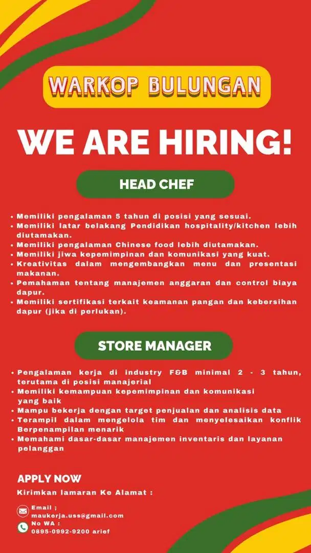 HR recruitmen, accounting, headcheaf, resto manager