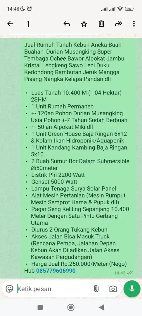 Jual tanah rumah kebun durian musangking bawor duri hitam alpukat miki