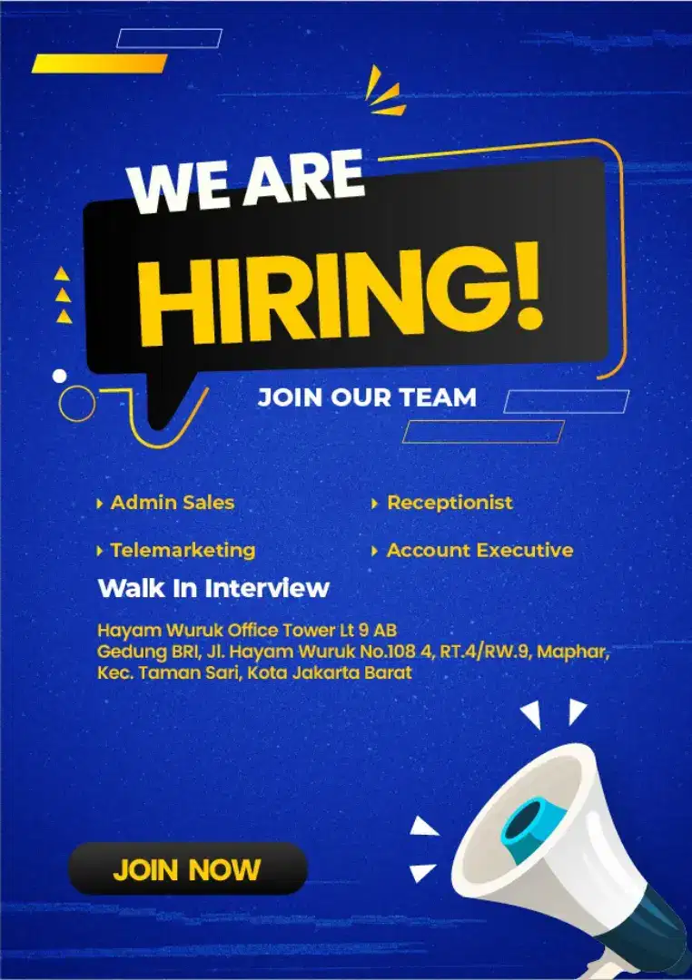 WALK IN INTERVIEW (Admin Sales, Telemarketing, Receptionist, dll)