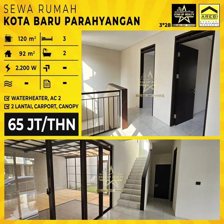 65 jt Disewa Rumah 2lt KBP kota baru parahyangan lt 120 lb 92 kt2 km2