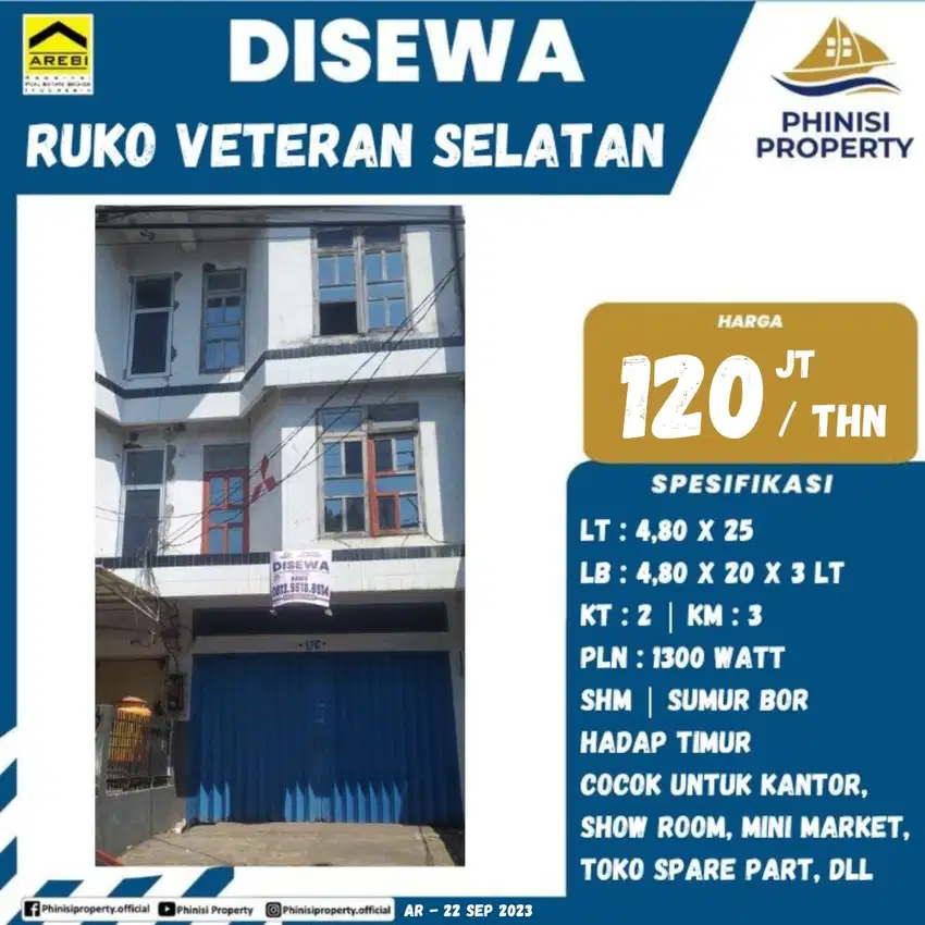 DISEWAKAN RUKO HARGA MURAH DI PUSAT KOTA JALAN VETERAN SELATAN