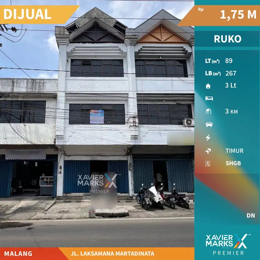 Dijual Ruko 3 Lantai Strategis Jl Raya Laksamana Martadinata Malang